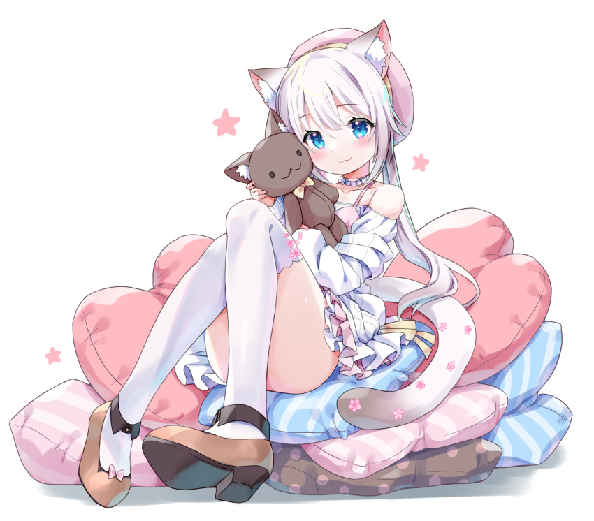 amimi animal_ears blue_eyes cat_ears cat_girl cat_tail commission effiez_(vtuber) female hat highres holding holding_stuffed_toy indie_virtual_youtuber long_hair looking_at_viewer pillow shirt skeb_commission stuffed_animal stuffed_cat stuffed_toy tail twintails virtual_youtuber white_background white_shirt