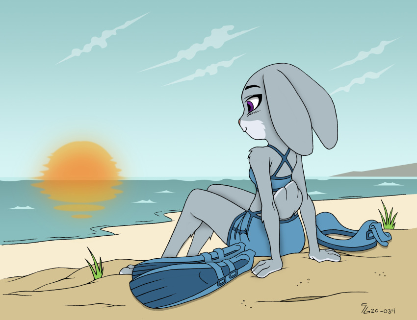 anthro barefoot beach clothed clothing cloud color_edit colored countershade_feet countershading darkbunny666 disney ears_down feet female fully_clothed hi_res judy_hopps lagomorph leporid mammal midriff outside paws pivoted_ears plantigrade purple_eyes rabbit sand scut_tail sea seaside short_tail shoxxe sitting sky solo sun swimwear tail third-party_edit toes water zootopia