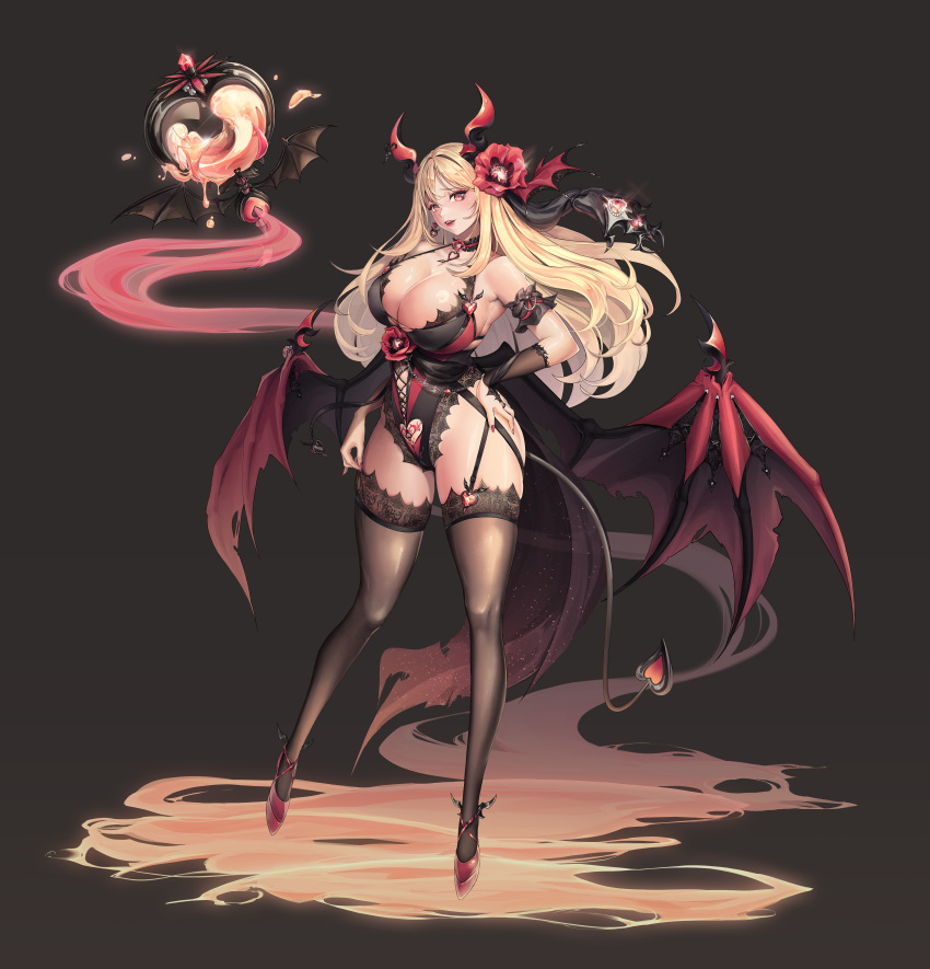 absurdres bat_wings blonde_hair breasts demon_tail demon_wings female floating full_body garter_straps highres horns huge_breasts leotard long_hair low_wings madaeng open_mouth original pubic_tattoo red_eyes red_footwear single_garter_strap solo tail tattoo thick_thighs thighhighs thighs wings