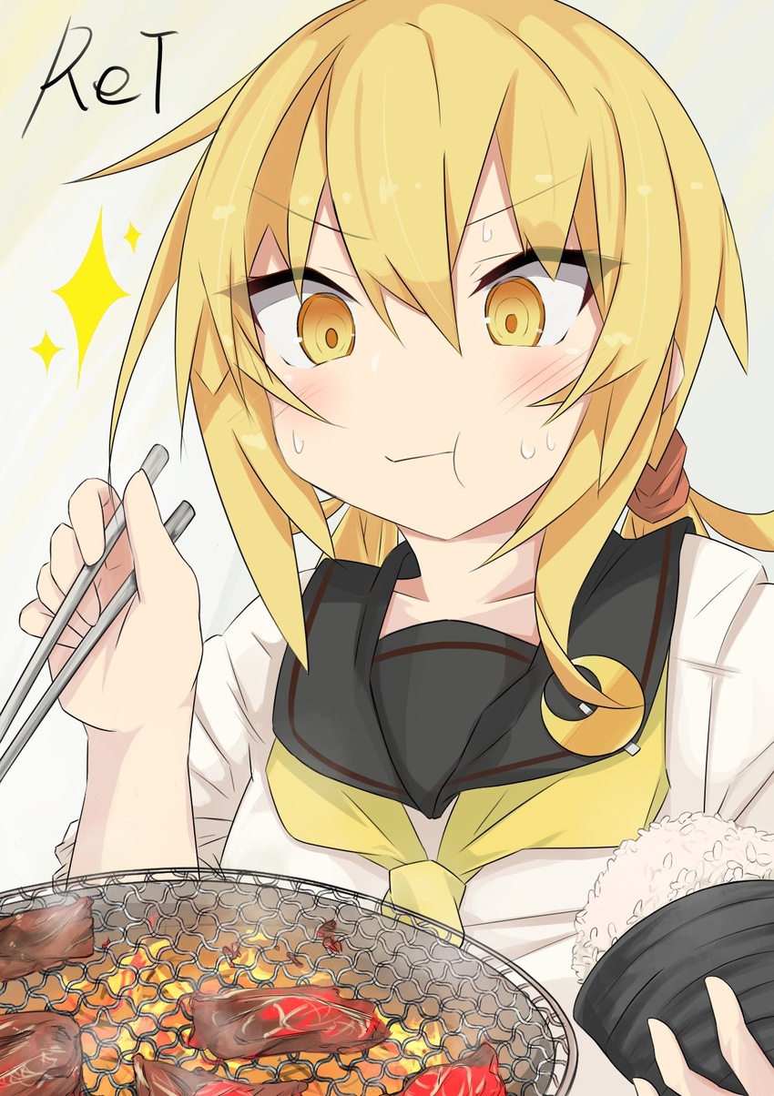 artist_name black_sailor_collar blonde_hair bowl charcoal chopsticks commentary_request cooking crescent crescent_pin etsuransha_no_rei female grill grilling highres kantai_collection long_hair rice rice_bowl sailor_collar satsuki_(kancolle) satsuki_kai_ni_(kancolle) school_uniform serafuku shirt solo twintails white_shirt yakiniku yellow_eyes