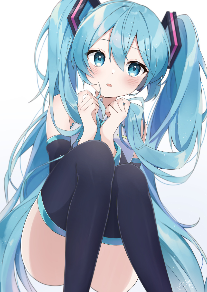 absurdres bare_shoulders black_sleeves black_thighhighs blue_eyes blue_hair blush collared_shirt commentary convenient_leg detached_sleeves dot_nose feet_out_of_frame female frilled_shirt frills hair_between_eyes hair_ornament hatsune_miku head_tilt highres holding holding_own_hair knees_together_feet_apart long_hair long_sleeves looking_at_viewer noneon319 own_hands_together parted_lips raised_eyebrows shirt simple_background sitting sleeveless sleeveless_shirt solo thighhighs thighs twintails very_long_hair vocaloid white_background white_shirt