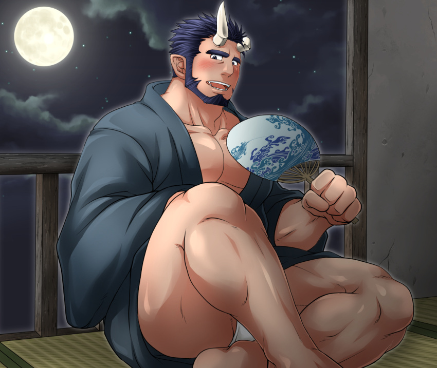 1boy alternate_costume bara beard black_hair black_kimono blush broken_horn bulge convenient_leg demon_boy demon_horns facial_hair fangs full_moon fundoshi hand_fan holding holding_fan horns japanese_clothes kimono live_a_hero looking_at_viewer male_focus male_underwear mature_male moon muscular muscular_male nessen_(live_a_hero) night night_sky pectoral_cleavage pectorals short_hair sky solo sunfight0201 thick_eyebrows thick_thighs thighs underwear white_male_underwear