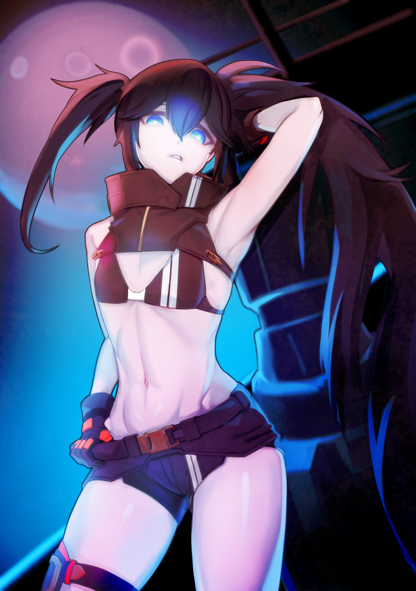 absurdres arm_up armpits asymmetrical_hair bare_shoulders bikini bikini_top_only black_bikini black_gloves black_hair black_rock_shooter black_rock_shooter:_dawn_fall black_rock_shooter_(character) black_shorts blue_eyes female flat_chest ghgnvm gloves highres long_hair micro_shorts midriff navel pale_skin shiny_skin short_shorts shorts solo standing swimsuit toned twintails uneven_twintails virtual_youtuber