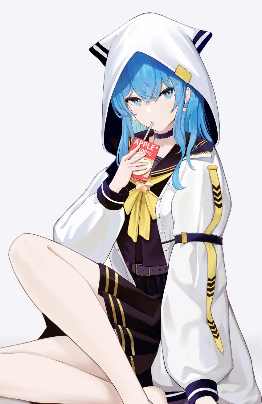 absurdres amamizu_shizuku apple_juice barefoot belt black_serafuku blue_eyes blue_hair choker commentary_request crossed_bangs drinking_straw drinking_straw_in_mouth female foot_out_of_frame grey_background highres holding hololive hood hood_up hooded_jacket hoshimachi_suisei hoshimachi_suisei_(school_uniform) jacket juice juice_box knee_up knees_apart_feet_together legs long_hair long_sleeves looking_at_viewer mouth_hold neck_ribbon official_alternate_costume official_alternate_hair_length official_alternate_hairstyle pleated_skirt puffy_sleeves ribbon school_uniform serafuku sidelocks sitting skirt solo star_(symbol) star_in_eye symbol_in_eye virtual_youtuber white_jacket yellow_ribbon