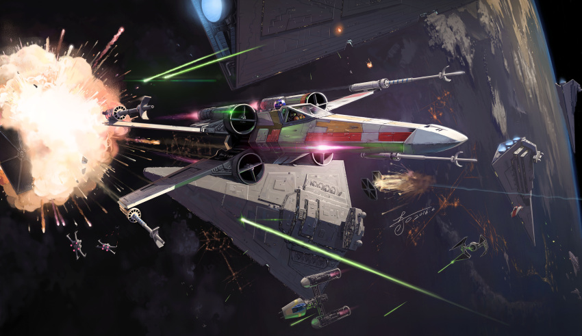 a-wing absurdres cloud explosion fire firing fleet flying galactic_empire glowing highres jeffholy laser military military_vehicle planet rebel_alliance rebel_pilot rz-1_a-wing science_fiction signature space spacecraft star_destroyer star_wars starfighter t-65_x-wing thrusters tie_fighter tie_interceptor vehicle_focus x-wing y-wing