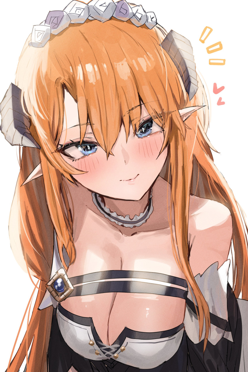 absurdres arknights bare_shoulders blonde_hair blue_eyes breasts choker cleavage dress female hair_between_eyes head_tilt highres horn/wood horns large_breasts long_hair looking_at_viewer off-shoulder_dress off_shoulder saileach_(appreciate_fragrance)_(arknights) saileach_(arknights) simple_background smile solo upper_body very_long_hair white_background