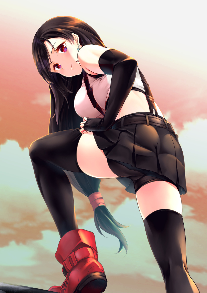 bare_shoulders blush breasts brown_hair cloud commentary_request crop_top earrings elbow_gloves female final_fantasy final_fantasy_vii final_fantasy_vii_remake gloves highres jewelry large_breasts leg_up long_hair looking_at_viewer low-tied_long_hair makishima_rin red_eyes shorts shorts_under_skirt skirt sky smile solo suspender_skirt suspenders tank_top thighhighs tifa_lockhart upskirt