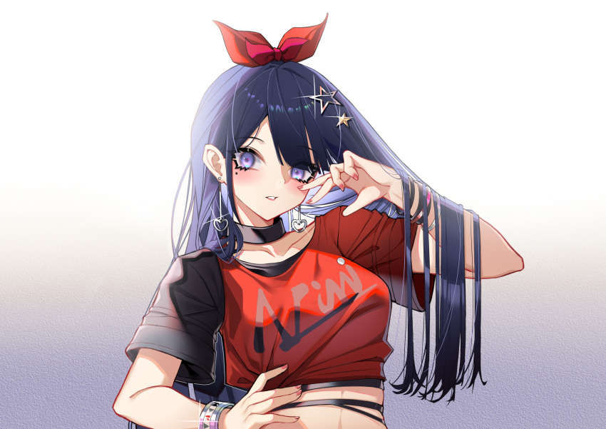 a-soul absurdres akinatsu_meguru bella_(a-soul) black_collar black_hair black_shirt blush bow bracelet breasts collar commentary_request crop_top earrings eyes_visible_through_hair female hair_ornament hairbow hand_on_own_hip hand_up heart heart_earrings highres jewelry long_hair looking_at_viewer medium_breasts midriff mole mole_under_eye nail_polish parted_lips pink_nails purple_eyes red_bow red_shirt shirt single_sleeve solo star_(symbol) star_hair_ornament upper_body virtual_youtuber