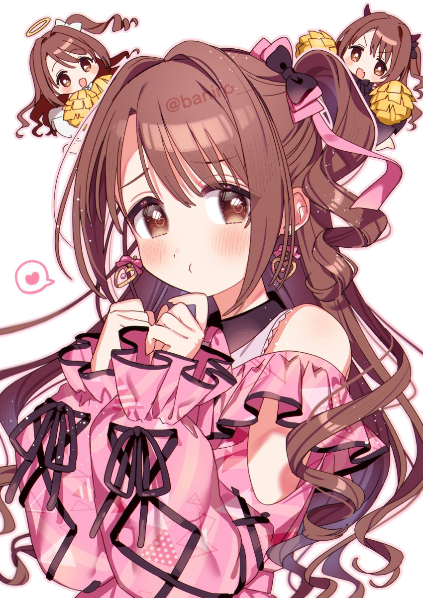 :t angel_and_devil banirou blush bow brown_hair chibi clothing_cutout female frilled_sleeves frills hair_intakes hairbow heart highres idol idolmaster idolmaster_cinderella_girls looking_at_viewer one_side_up pout shimamura_uzuki shoulder_cutout speech_bubble spoken_heart twitter_username upper_body watermark wavy_hair