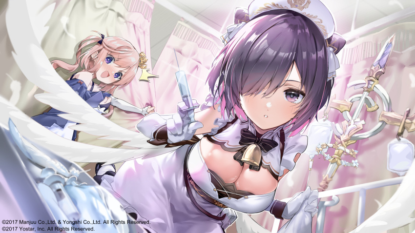 2girls azur_lane bare_shoulders bed black_wrist_cuffs blush bob_cut breasts cleavage cleavage_cutout clothing_cutout cone_hair_bun crown dress duplicate ekakibito elbow_gloves feathered_wings frilled_dress frills full-face_blush gloves hair_bun hair_over_one_eye hat highres holding holding_syringe hospital_bed indoors jervis_(azur_lane) juno_(azur_lane) large_breasts long_hair looking_at_viewer low_wings mini_crown multiple_girls nurse_cap official_art pink_hair pixel-perfect_duplicate purple_eyes purple_hair short_hair staff surprised syringe white_dress white_gloves white_wings wings wrist_cuffs