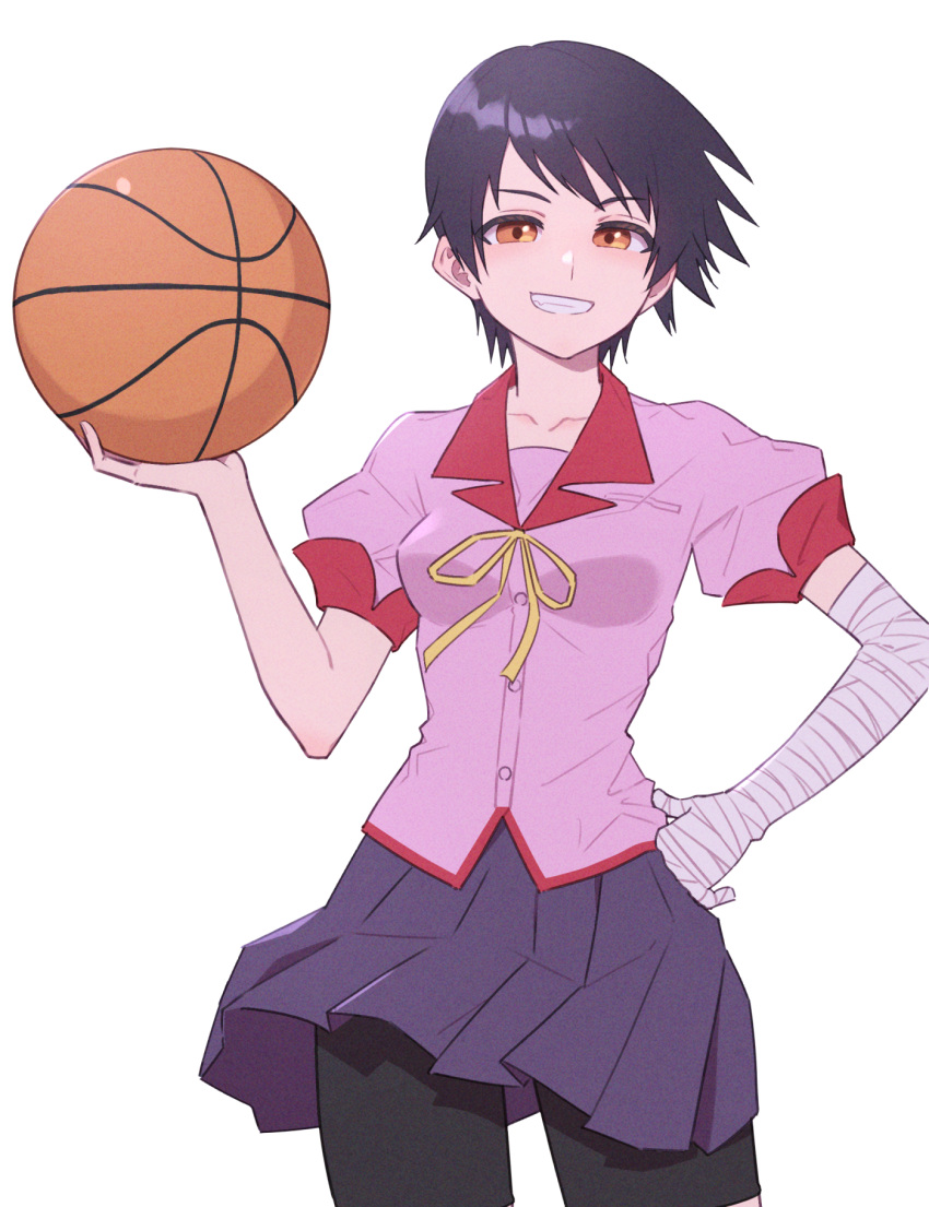 ball bandaged_arm bandages basketball basketball_(object) bike_shorts bike_shorts_under_skirt black_hair breasts brown_eyes cowboy_shot female grin hand_on_own_hip hand_up highres holding holding_ball kanbaru_suruga looking_at_viewer medium_breasts monogatari_(series) naoetsu_high_school_uniform pink_shirt pleated_skirt puffy_short_sleeves puffy_sleeves purple_skirt ribbon school_uniform shimizu_tomoki shirt short_hair short_sleeves simple_background skirt smile solo standing tomboy white_background wind wind_lift yellow_ribbon