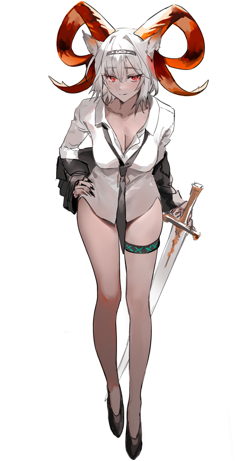 absurdres alternate_costume animal_ears arknights black_necktie bottomless breasts carnelian_(arknights) cleavage commentary dark-skinned_female dark_skin english_commentary female fingernails full_body goat_ears goat_horns hand_on_own_hip highres holding holding_sword holding_weapon horns jacket looking_at_viewer medium_breasts muaooooo necktie no_pants off_shoulder open_clothes open_jacket red_eyes sharp_fingernails shirt short_hair solo sword thigh_strap weapon white_background white_hair white_shirt