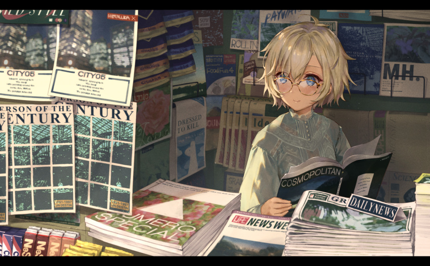 blonde_hair blue_eyes commentary english_commentary english_text female hair_between_eyes highres looking_away magazine_(object) market_stall newspaper open_magazine original short_hair smile solo standing yellow-framed_eyewear yutsumoe