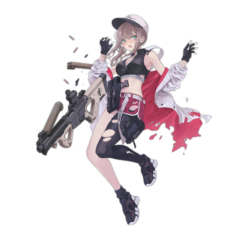 ar-57 ar-57_(girls'_frontline) armpits assault_rifle asymmetrical_legwear bare_shoulders baseball_cap belt black_footwear black_gloves black_pantyhose black_shirt blue_eyes breasts brown_hair coat colored_shoe_soles crop_top dolphin_shorts female fingerless_gloves full_body girls'_frontline gloves gun hands_up hat highres holding holding_gun holding_weapon koh_(minagi_kou) long_sleeves medium_breasts midriff navel off_shoulder official_art open_clothes open_coat open_mouth pantyhose pouch red_shorts rifle shirt shoes short_shorts shorts side_ponytail simple_background single_leg_pantyhose sleeveless sleeveless_shirt sneakers socks solo thighs third-party_source torn_clothes torn_coat torn_shirt torn_shorts torn_socks transparent_background uneven_legwear unzipped weapon white_coat