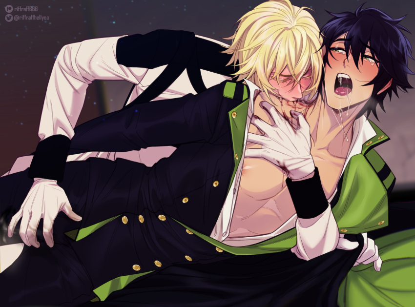 2boys absurdres bite_mark bite_mark_on_shoulder black_hair blonde_hair blood blood_sucking blush cape closed_eyes crotch_grab gakuran gloves green_eyes highres hug hug_from_behind hyakuya_mikaela hyakuya_yuuichirou jacket long_sleeves looking_at_another male_focus medium_hair military military_jacket military_uniform multiple_boys nipples nose_blush open_mouth owari_no_seraph pectorals riffraffhellyea school_uniform short_hair tears uniform vampire white_cape white_gloves yaoi