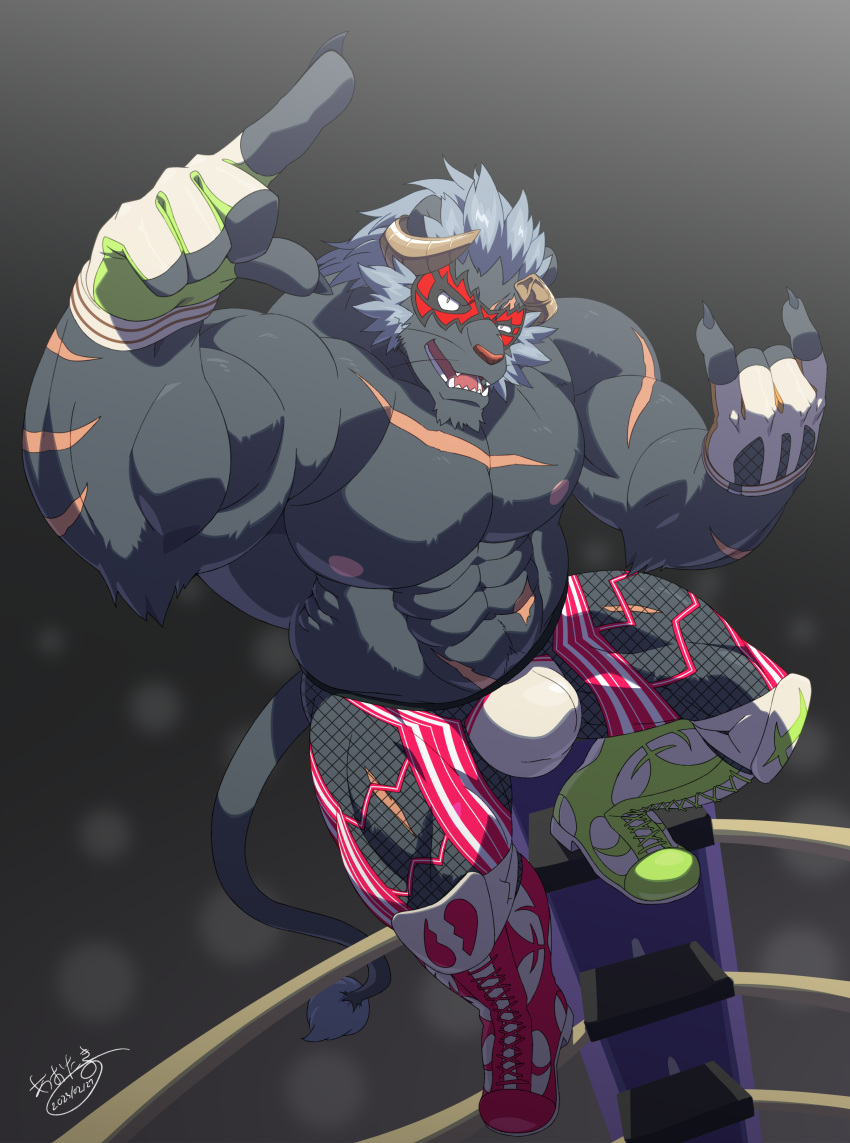 1boy abs absurdres aotaki_(aotk) bara bodysuit bulge curled_horns demon_boy demon_tail fishnet_bodysuit fishnets full_body furry furry_male goat_boy grey_fur highres horns index_finger_raised krampus_(housamo) large_bulge large_pectorals long_sideburns looking_at_viewer male_focus medium_hair muscular muscular_male nipples on_ladder pectorals scar scar_across_eye scar_on_chest sideburns solo spotlight stomach tail thick_eyebrows thick_thighs thighs tokyo_afterschool_summoners tusks wrestling_outfit wrestling_ring