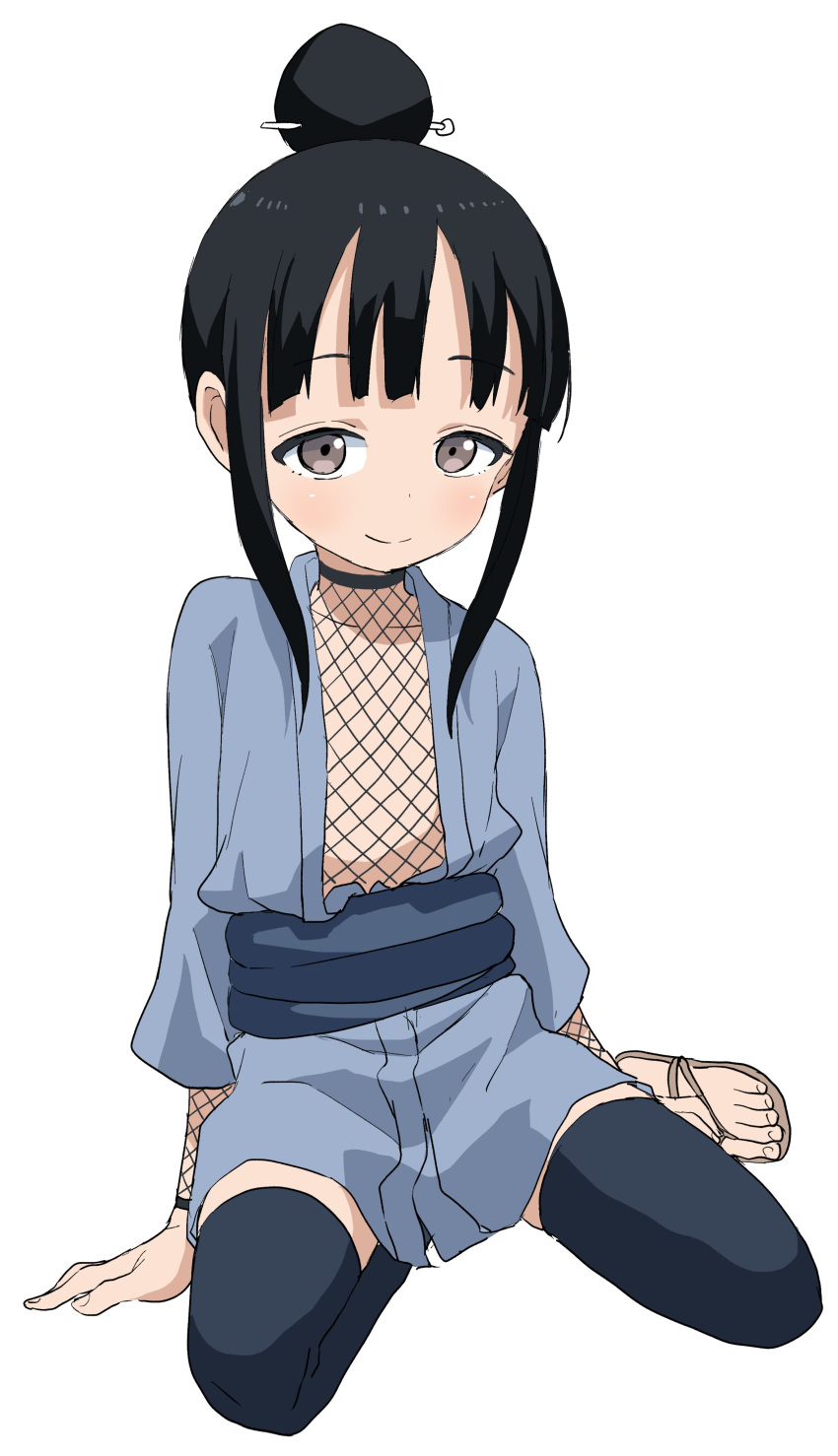 absurdres black_hair black_thighhighs blue_kimono blush brown_eyes brown_footwear closed_mouth collarbone commentary_request female fishnets full_body hair_bun hair_ornament hairpin highres japanese_clothes kimono kunoichi_tsubaki_no_mune_no_uchi long_hair long_sleeves looking_at_viewer mokuren_(kunoichi_tsubaki_no_mune_no_uchi) obi official_art sandals sash sidelocks simple_background single_hair_bun smile solo thighhighs white_background yamamoto_souichirou