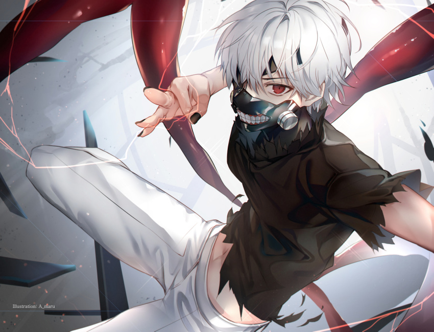 1boy a_maru black_nails black_shirt commentary_request eyepatch grey_hair kaneki_ken looking_at_viewer male_focus mask mouth_mask navel pants red_eyes shirt short_hair short_sleeves solo tokyo_ghoul torn_clothes torn_shirt white_hair white_pants