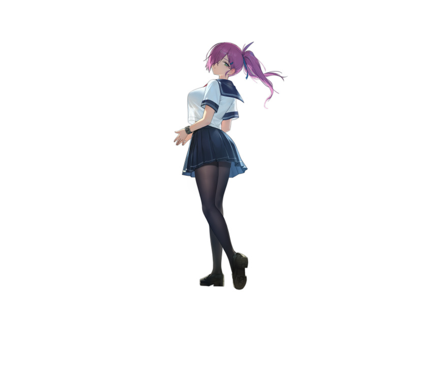 azur_lane black_footwear black_legwear breasts closed_mouth dot_mouth female from_behind full_body green_eyes hair_intakes hair_ornament hair_over_one_eye hairclip heel_up highres large_breasts loafers long_hair looking_at_viewer looking_back miniskirt mole mole_under_eye necktie official_art one_eye_covered own_hands_together pantyhose pleated_skirt ponytail purple_hair romana school_uniform see-through shirt_overhang shoes short_sleeves skirt steepled_fingers swept_bangs transparent_background trieste_(azur_lane) trieste_(rooftop_lunch_break)_(azur_lane) very_long_hair watch wristwatch