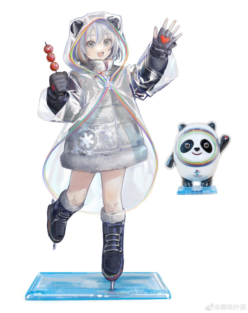 2022_winter_olympics :d absurdres animal_hood bing_dwen_dwen black_footwear black_gloves boots chinese_commentary clenched_hand coat commentary creature_and_personification faux_figurine female fingerless_gloves food full_body gloves grey_eyes hair_between_eyes hand_up highres holding holding_food hood hood_up ice ice_skates knee_boots liangban_xiexu lofter_username looking_at_viewer multicolored_hair olympics open_mouth panda panda_hood personification see-through shanzha_(fruit) short_hair simple_background skates smile snowflake_print solo standing streaked_hair tanghulu waving weibo_watermark white_background white_hair winter_clothes winter_coat