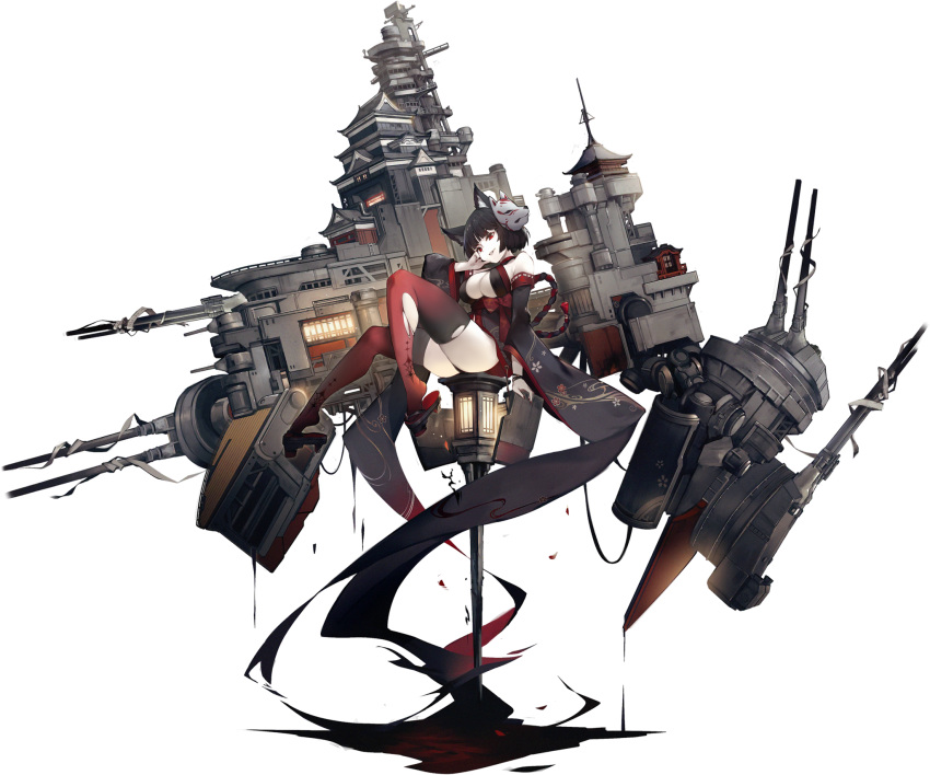 animal_ears arm_support armpit_crease ass azur_lane bare_shoulders black_hair bracelet breasts castle cat_ears cleavage cleavage_cutout clothing_cutout detached_sleeves downscaled evil_grin evil_smile female from_side geta grin head_tilt highres japanese_clothes jewelry kimono lamppost large_breasts machinery mask mask_on_head mkiiiiii nail_polish official_art parted_lips print_kimono print_thighhighs red_eyes red_thighhighs resized rigging short_hair sitting smile thighhighs thighs torn_clothes torn_thighhighs transparent_background turret wide_sleeves yamashiro_(azur_lane) yamashiro_(meta)_(azur_lane)