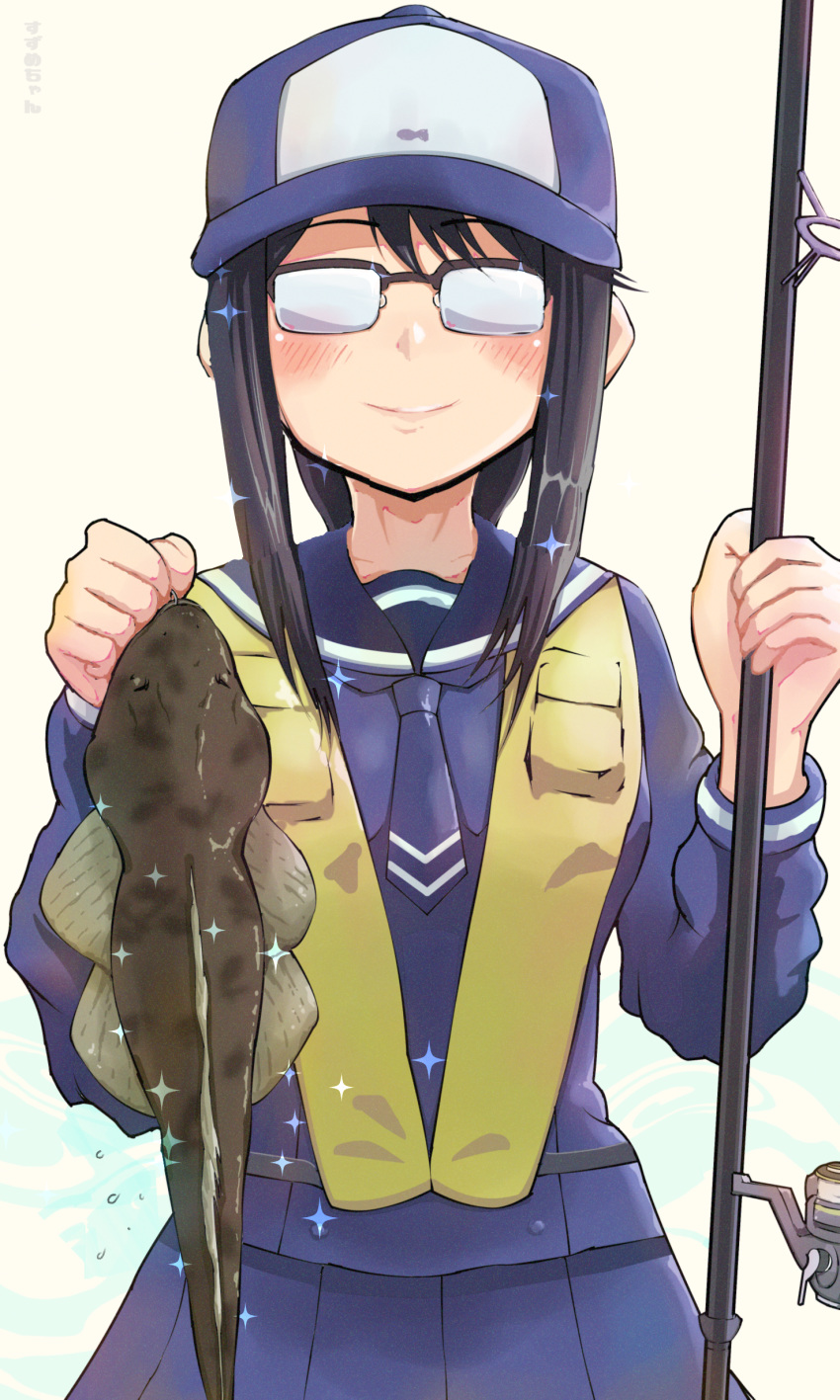 absurdres amasuzume baseball_cap black_hair blush commentary_request female fish fishing_rod flathead glasses hat highres houkago_teibou_nisshi oono_makoto opaque_glasses sailor_collar school_uniform simple_background solo sparkle uniform white_background