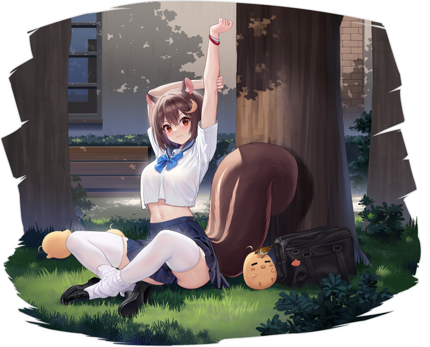 allenes animal_ears arms_up azur_lane bag black_footwear blue_bow blue_bowtie blue_neckwear blue_sailor_collar blue_skirt bow bowtie bracelet brown_hair closed_mouth crop_top female grass highres jewelry looking_at_viewer manjuu_(azur_lane) midriff navel official_alternate_costume official_art outdoors red_eyes sailor_collar school_bag school_uniform serafuku short_hair short_sleeves sitting skirt squirrel_ears squirrel_girl squirrel_tail stretching tail thighhighs transparent_background tree wakaba_(a_healthy_dose_of_sunshine!)_(azur_lane) wakaba_(azur_lane) white_thighhighs