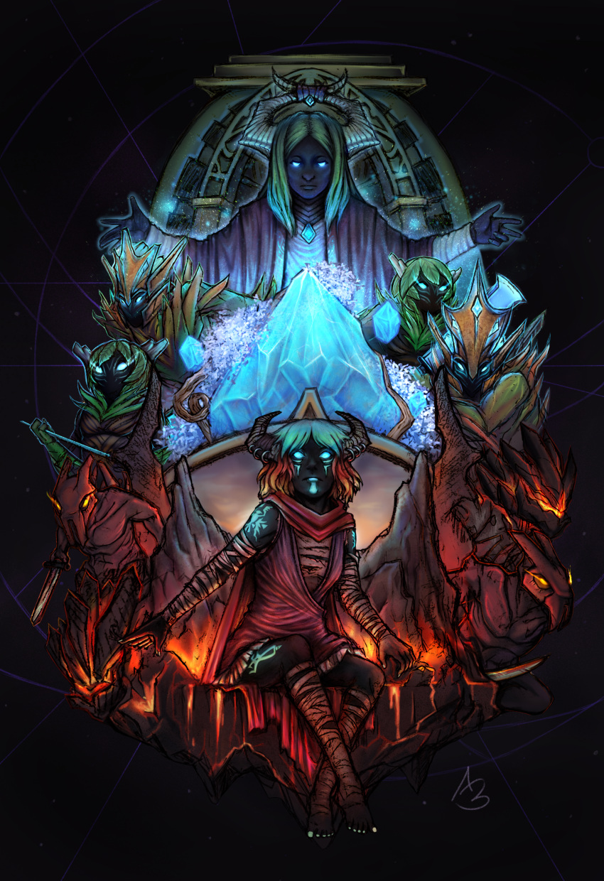 3girls 4boys absurdres albuff aqua_eyes arms_up artifact_(game) bandaged_leg bandages closed_mouth commentary crystal dark dark-skinned_female dark-skinned_male dark_background dark_skin dire_melee_creep dota_(series) dota_2 english_commentary full_body glowing glowing_eyes highres holding holding_weapon kanna_(artifact) lava leaf looking_ahead looking_at_viewer looking_away looking_down multiple_boys multiple_girls open_hand prellex purple_background radiant_melee_creep radiant_ranged_creep signature sitting weapon