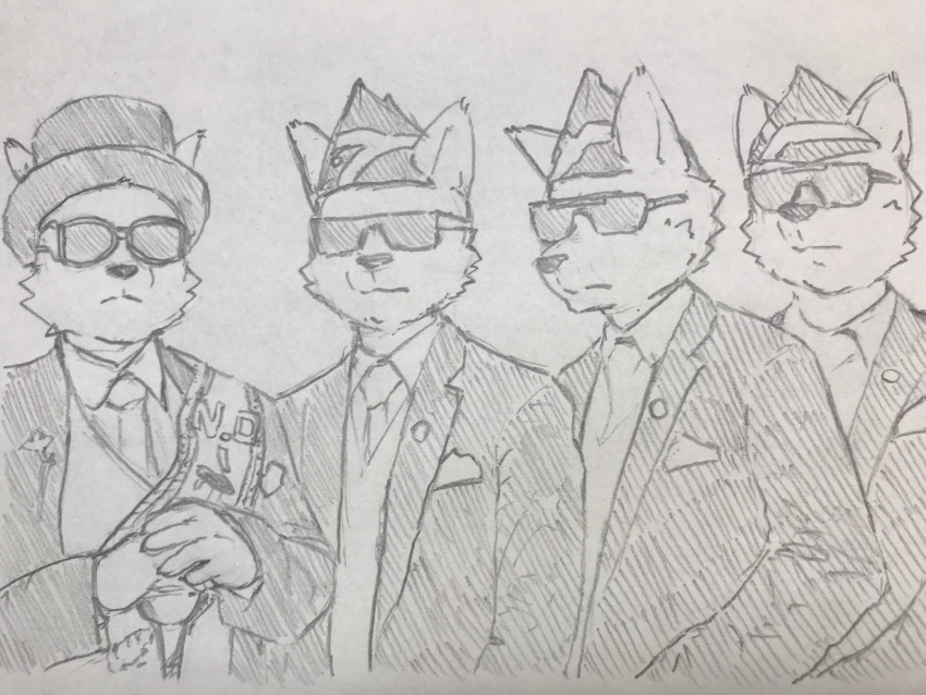 2020 4:3 anthro cane canid canine canis clothing coffin_dance domestic_dog eyewear glasses group headgear headwear hi_res male mammal necktie nekotanyanneko serious suit