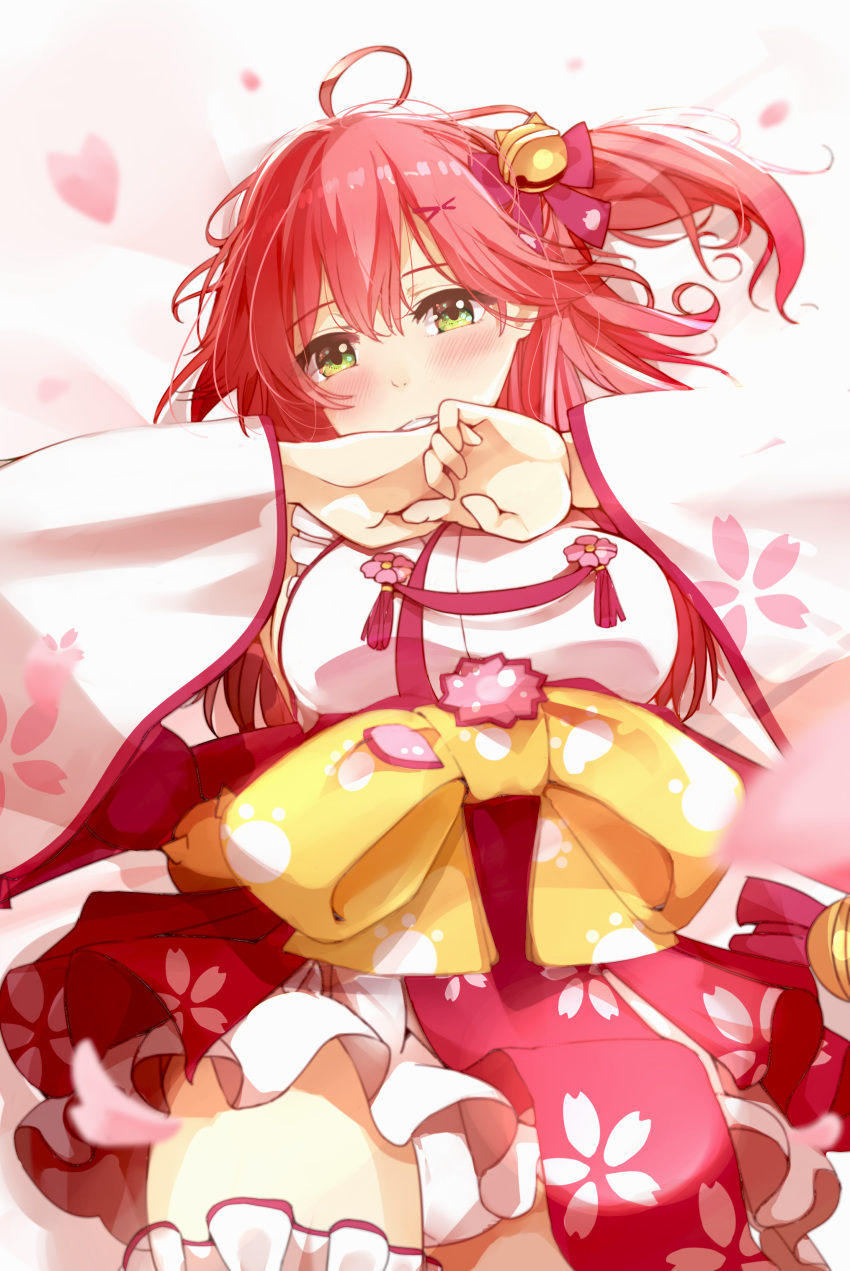 absurdres ahoge cherry_blossom_print female floral_print green_eyes hair_between_eyes hair_ornament hairclip highres hololive interlocked_fingers looking_at_viewer nira_(vira) panties paw_print paw_print_pattern petals pink_hair sakura_miko sakura_miko_(1st_costume) solo underwear virtual_youtuber white_panties wide_sleeves x_hair_ornament