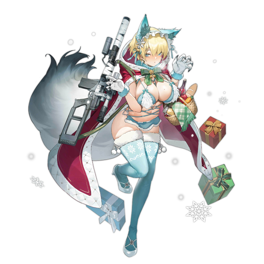 animal_ears apple basket bell blonde_hair blue_eyes blue_thighhighs bread breasts breath carrot claw_pose cloak cross cross_earrings earrings fake_animal_ears female food fruit full_body fur_trim girls'_frontline gloves gun hair_bell hair_ornament hairband heart_o-ring high_heels highres hood hooded_cloak hoodie jewelry jingle_bell large_breasts lolita_hairband looking_at_viewer microskirt mole mole_on_breast mole_under_eye navel official_alternate_costume official_art pom_pom_(clothes) revealing_clothes short_hair siqi_(miharuu) skirt snowflake_hair_ornament solo standing standing_on_one_leg tail thighhighs transparent_background vsk-94 vsk-94_(christmas_eve_detective)_(girls'_frontline) vsk-94_(girls'_frontline) weapon white_gloves