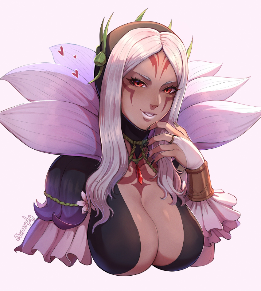 absurdres aversa_(fire_emblem) aversa_(resplendent)_(fire_emblem) black_nails breasts bridal_gauntlets cleavage dark-skinned_female dark_skin evomanaphy facial_mark female fingernails fire_emblem fire_emblem_awakening fire_emblem_heroes flower_dress frilled_bridal_gauntlets heart highres jewelry large_breasts lipstick long_hair looking_at_viewer makeup nail_polish necklace official_alternate_costume parted_lips red_eyes sharp_fingernails smile solo underwear white_hair white_lips wrist_cuffs