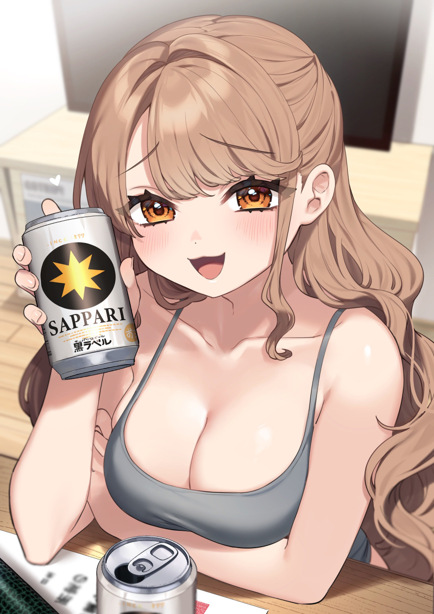 :3 :d absurdres alcohol arm_rest arm_under_breasts bare_shoulders beer beer_can blurry blurry_background blurry_foreground blush brand_name_imitation breasts brown_hair camisole can chibi_kyonyuu collarbone commentary depth_of_field drink_can female grey_camisole hair_intakes hand_on_own_arm hand_up heart high_ponytail highres holding holding_can indoors kodama's_elder_sister_(sakura_yuki) large_breasts light_brown_hair long_hair looking_at_viewer open_mouth orange_eyes parted_bangs ponytail raised_eyebrows sakura_yuki_(clochette) sapporo_beer sideboob sitting skindentation smile solo spoken_heart swept_bangs table taut_clothes television upper_body very_long_hair wavy_hair wide_ponytail wooden_floor