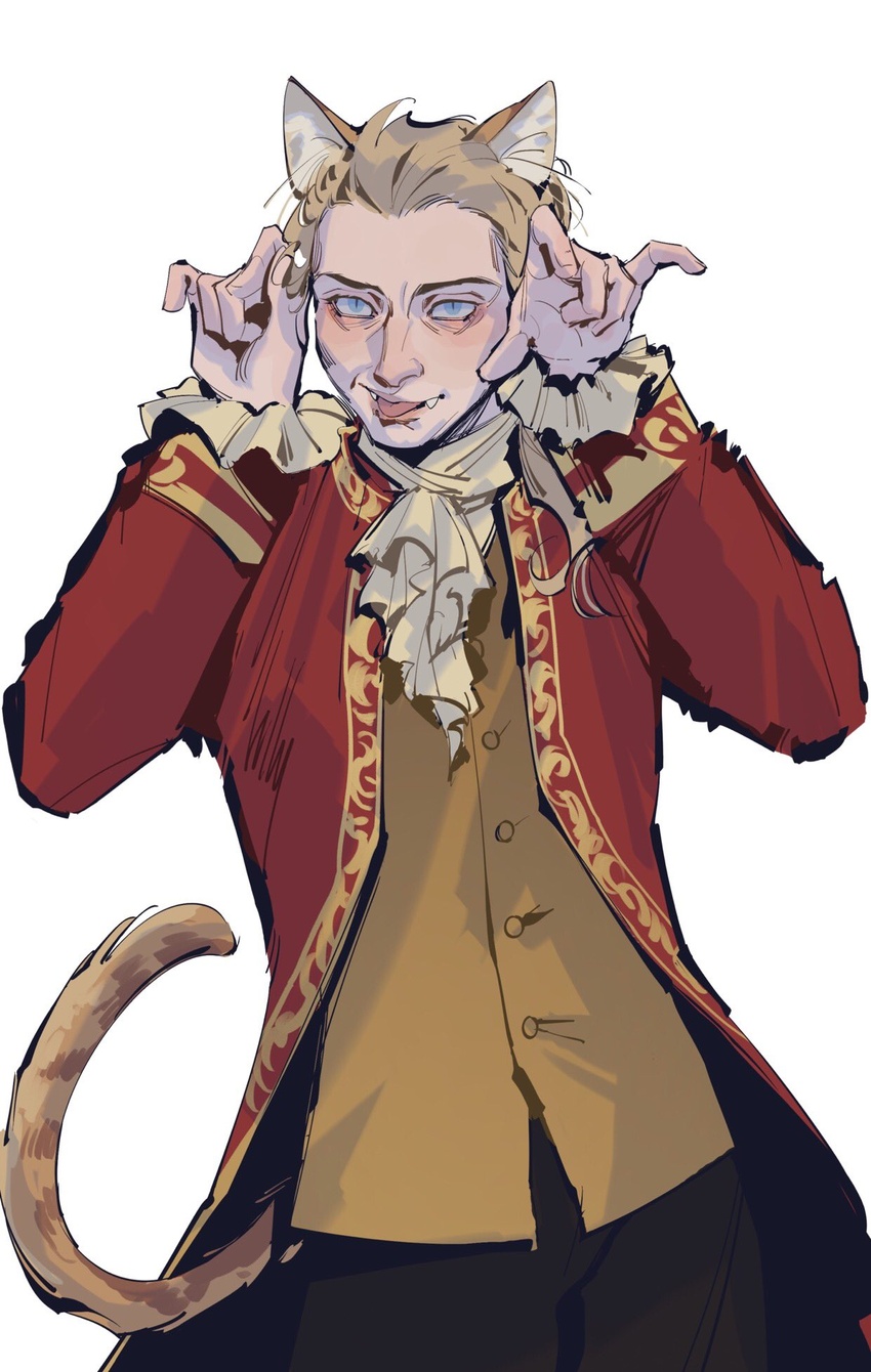 1boy animal_ears animification ascot black_pants blonde_hair blue_eyes cat_boy cat_ears cat_tail claw_pose coat commentary english_commentary fangs fangs_out highres kemonomimi_mode looking_at_viewer lullindo male_focus open_clothes open_coat pants paw_pose real_life red_coat sanpaku simple_background smile solo standing tail upper_body vest white_background wolfgang_amadeus_mozart yellow_vest