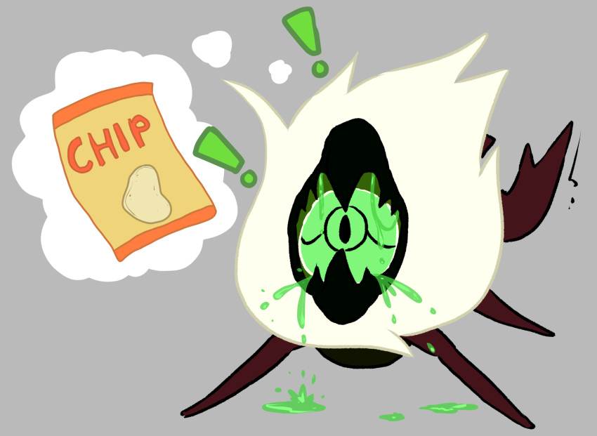 1_eye alien ambiguous_gender arthropod beak bodily_fluids cartoon_network centipeetle chips_(food) conditional_dnp corrupted_gem digital_media_(artwork) drooling exclamation_point feral food gem_(species) hair hi_res insects nephrite_(gem_species) open_mouth saliva solo steven_universe thought_bubble white_hair wolftacos