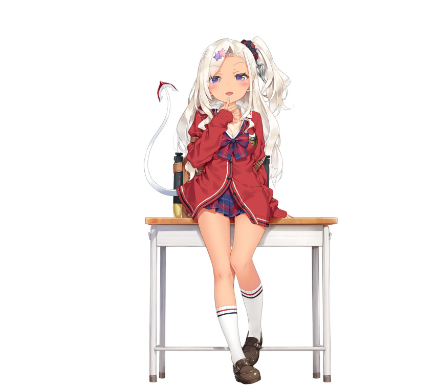 archerfish_(azur_lane) archerfish_(the_devil_next_door)_(azur_lane) azur_lane blonde_hair brown_footwear desk fake_tail female finger_to_mouth hair_ornament hair_scrunchie highres kani_biimu long_hair looking_at_viewer official_alternate_costume official_art one_side_up open_mouth parted_bangs pleated_skirt purple_eyes school_uniform scrunchie skirt socks star_(symbol) star_hair_ornament tail transparent_background white_socks