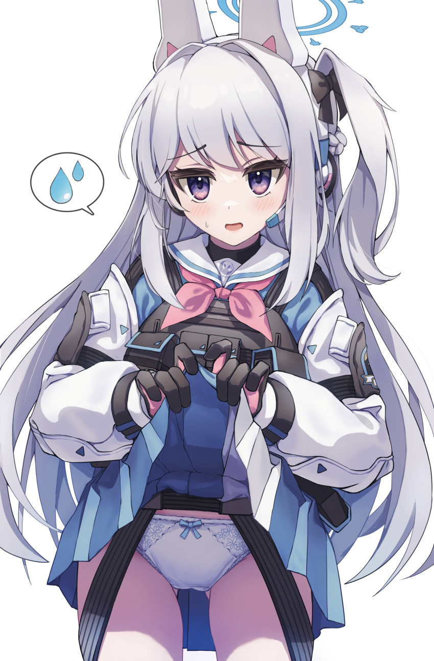 absurdres animal_ears black_gloves blue_archive blush body_armor clothes_lift female gloves grey_hair halo headphones highres long_hair miyako_(blue_archive) panties purple_eyes rabbit_ears ripnte school_uniform side_ponytail skirt skirt_lift underwear vest white_background white_panties