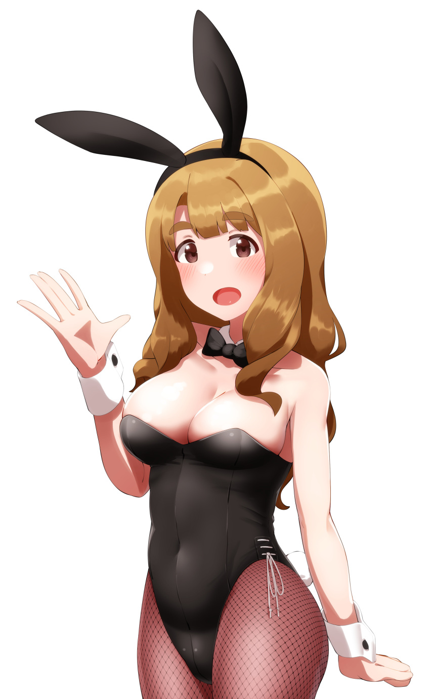 absurdres animal_ears bad_id bad_pixiv_id black_leotard black_pantyhose bow bowtie breasts brown_eyes brown_hair cleavage commentary_request cowboy_shot detached_collar female fishnet_pantyhose fishnets highres idolmaster idolmaster_million_live! jikantai large_breasts leotard long_hair miyao_miya pantyhose playboy_bunny rabbit_ears rabbit_tail simple_background solo strapless strapless_leotard tail thick_eyebrows white_background wrist_cuffs