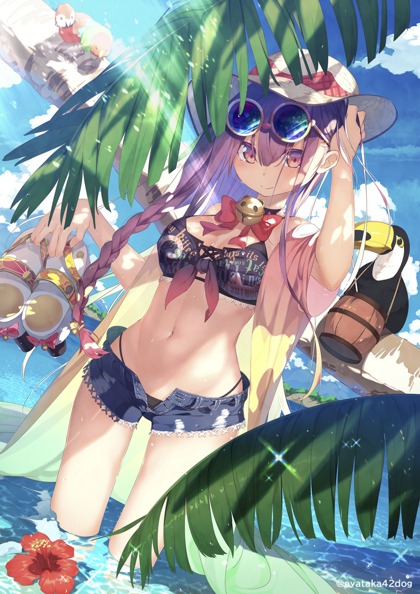 arm_up ayataka bare_shoulders bell bikini bird black_bikini black_choker blue_shorts braid breasts choker cloud day denim denim_shorts eyewear_on_head female flower hat hibiscus highres holding jingle_bell light_rays long_hair looking_at_viewer medium_breasts midriff navel open_fly original outdoors palm_leaf pink_hair red_eyes red_flower round_eyewear sandals short_shorts shorts smile solo stomach string_bikini sun_hat sunbeam sunglasses sunlight swimsuit thighs toucan unworn_sandals wading water