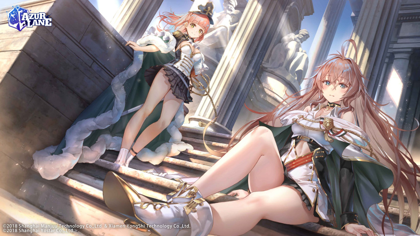 2girls absurdres ahoge ankle_boots azur_lane bare_shoulders belt blush boots breasts brown_eyes cape choker cleavage closed_mouth collarbone commentary copyright_name day epaulettes fur_trim gold_trim green_eyes hat highres impero_(azur_lane) logo long_hair long_sleeves looking_at_viewer medium_breasts multiple_girls official_art outdoors pink_hair pleated_skirt pompeo_magno_(azur_lane) second-party_source shoichi_(ekakijin) simple_background sitting skirt stairs statue sunlight uniform