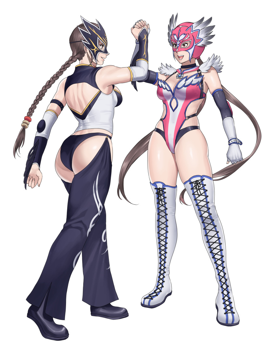 2girls absurdres alternate_costume ass back_cutout black_choker boots braid breasts brown_hair chaps choker clothing_cutout commentary commission cross-laced_footwear detached_collar detached_sleeves elbow_pads english_commentary fingerless_gloves fingernails full_body gloves handshake hanny_(uirusu_chan) highres jaycee_(tekken) julia_chang lace-up_boots leotard long_braid low_twintails luchador luchador_mask medium_breasts michelle_chang mother_and_daughter multiple_girls no_bra open_mouth pink_leotard single_braid tekken tekken_tag_tournament_2 thigh_boots thighhighs twintails white_background white_footwear white_gloves wrestling_outfit