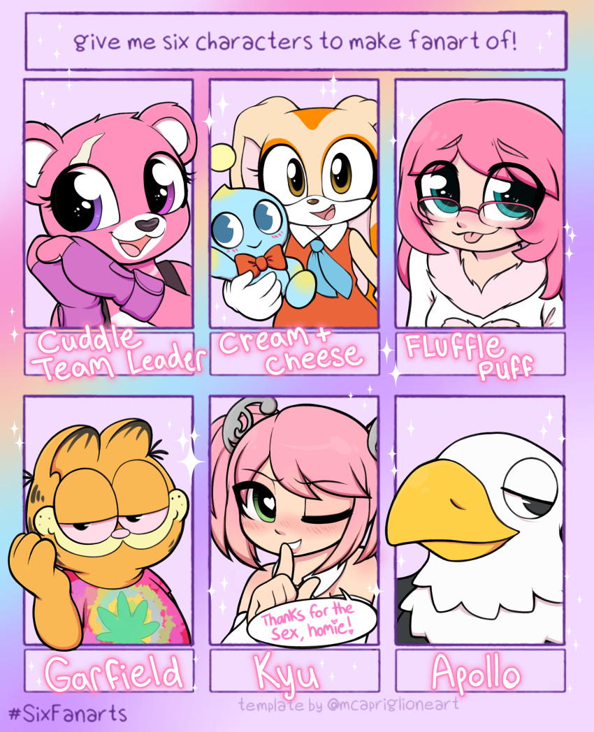 2020 absurd_res accipitrid accipitriform ambiguous_gender animal_crossing anthro apollo_(animal_crossing) avian bald_eagle bear bird blep bow_tie chao_(sonic) cheese_the_chao clothed clothing cream_the_rabbit crossover cuddle_team_leader dialogue domestic_cat duo eagle english_text epic_games eyewear fan_character felid feline felis female fluffle_puff fortnite garfield_(series) garfield_the_cat glasses half-closed_eyes hasbro heart_eyes heart_font heart_symbol hi_res human huniepop kyu_sugardust lagomorph leporid male mammal meme moozua my_little_pony narrowed_eyes nintendo rabbit sea_eagle sega six_fanarts_challenge smile solo sonic_the_hedgehog_(series) text tongue tongue_out