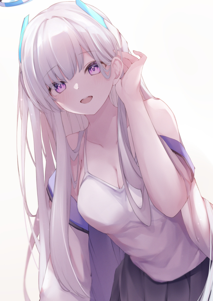 black_skirt blue_archive blunt_bangs blush breasts camisole cleavage commentary_request female halo highres hojiro_same long_hair looking_at_viewer mechanical_halo medium_breasts noa_(blue_archive) open_mouth pink_eyes skirt solo teeth upper_teeth_only white_camisole white_hair