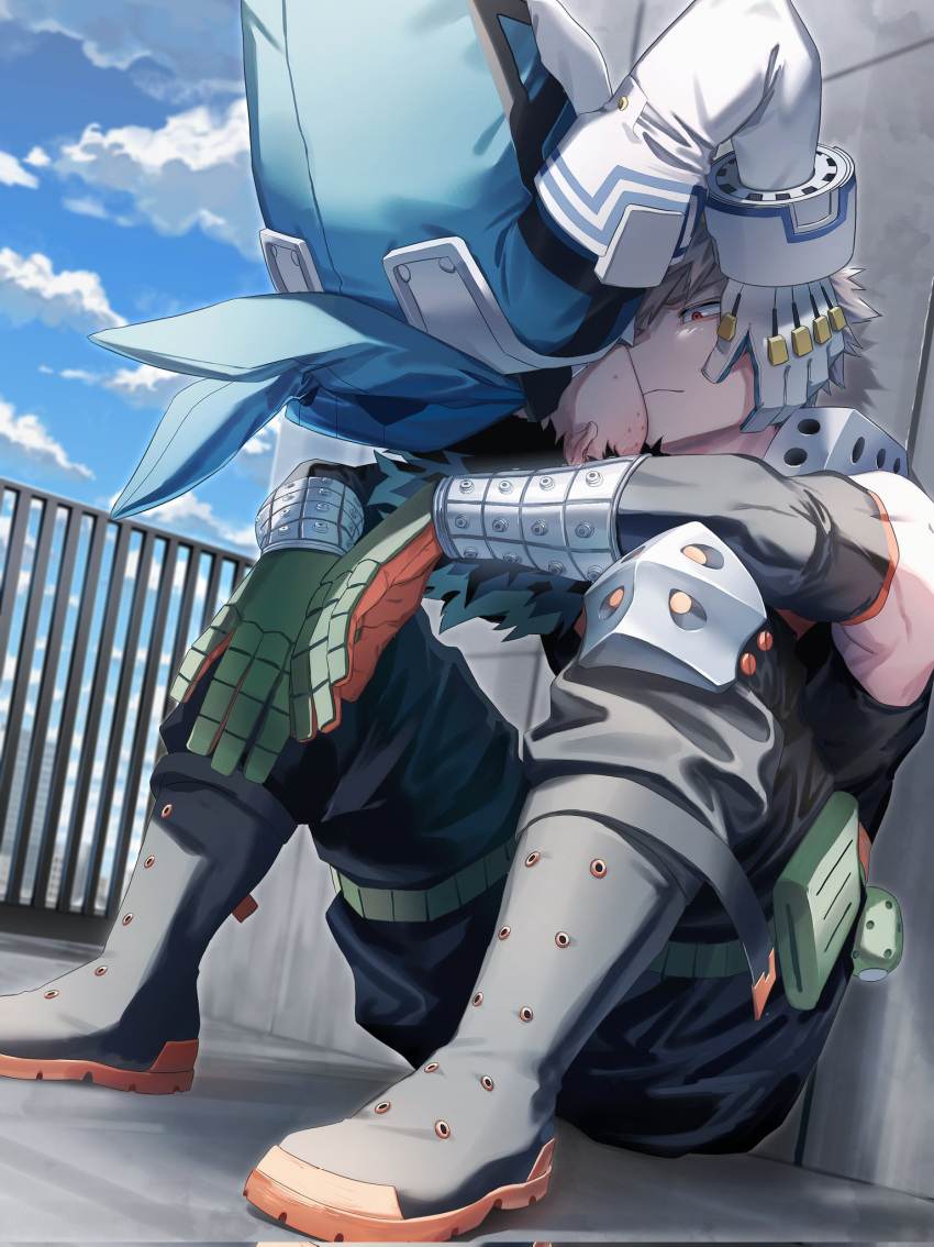 2boys bakugou_katsuki belt blonde_hair bodysuit boku_no_hero_academia boots cut_(nifuhami_35) dutch_angle explosive freckles gloves green_belt green_bodysuit green_gloves green_hair grenade highres hood hood_down imminent_kiss kissing knee_pads male_focus midoriya_izuku multiple_boys on_floor outdoors red_eyes sitting spiked_hair upside-down upside-down_kiss white_gloves yaoi