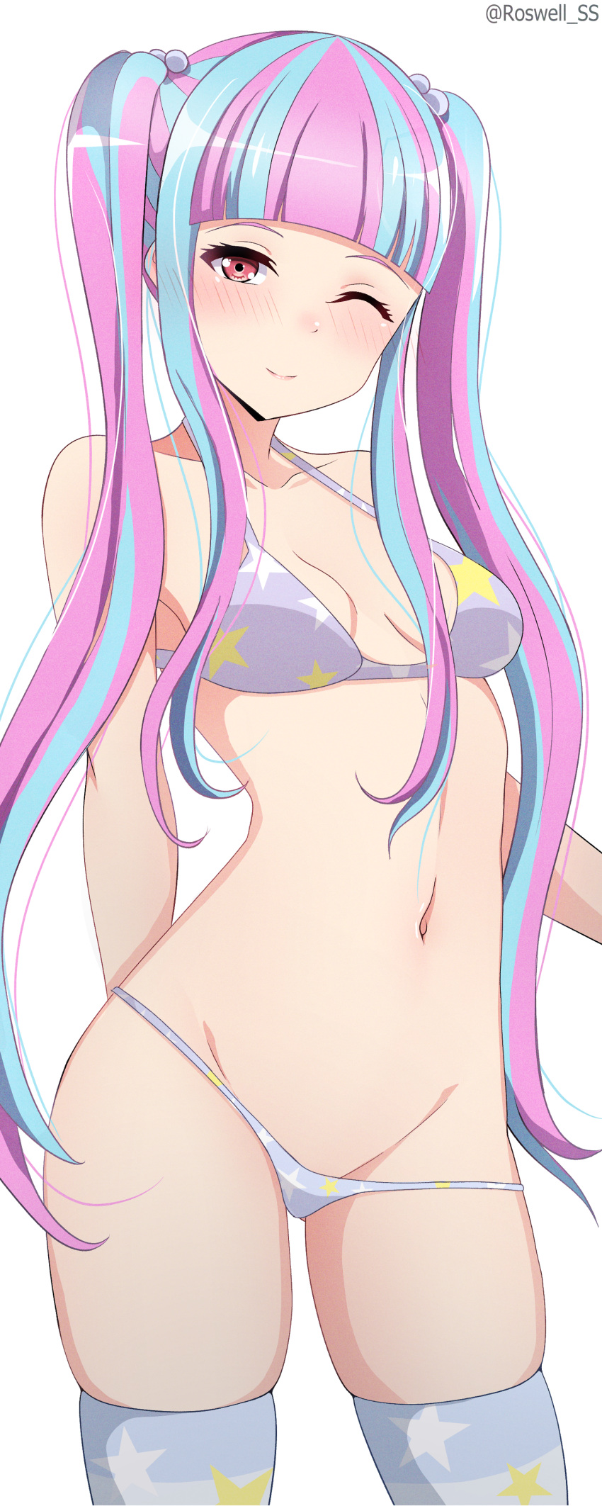 ;) absurdres arm_behind_back ass_visible_through_thighs bang_dream! bare_arms bare_shoulders bikini blue_hair blunt_bangs blush breasts closed_mouth collarbone commentary contrapposto cowboy_shot female grey_bikini grey_thighhighs groin hair_bobbles hair_ornament halterneck hand_up highres long_hair looking_at_viewer lowleg lowleg_bikini multicolored_hair navel nyubara_reona one_eye_closed paid_reward_available pink_hair print_bikini print_thighhighs red_eyes roswell_ss sidelocks simple_background skindentation small_breasts smile solo split-color_hair standing star_(symbol) star_print stomach striped_clothes striped_thighhighs swimsuit thighhighs twintails twitter_username two-tone_hair very_long_hair white_background