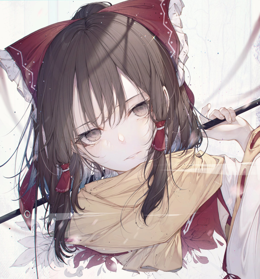 adapted_costume arm_behind_head armpit_cutout armpit_peek ascot bow brown_eyes brown_hair buttons chromatic_aberration clothing_cutout cropped_shoulders dutch_angle expressionless eyebrows_hidden_by_hair female flower fog frilled_bow frills hair_tubes hairbow hakurei_reimu hand_up head_tilt highres hito_komoru holding light_blush light_particles long_sleeves looking_at_viewer medium_hair no_pupils outstretched_hand parted_lips petals ponytail portrait red_bow red_flower red_ribbon red_shirt ribbon ribbon-trimmed_sleeves ribbon_trim scarf shirt short_hair sidelocks solo sparkle stitches touhou upper_body white_flower white_sleeves wide_sleeves yellow_ascot yellow_scarf