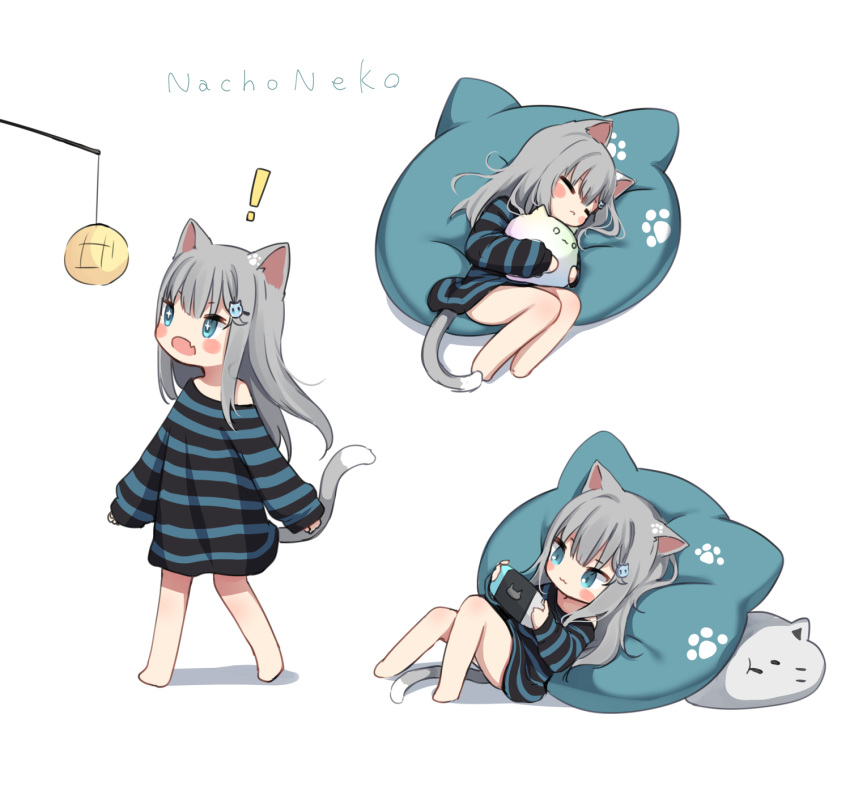 ! +_+ :3 =_= amashiro_natsuki animal_ears bad_id bad_pixiv_id barefoot bean_bag_chair blue_eyes blush_stickers bread cat-shaped_pillow cat_ears cat_girl cat_hair_ornament cat_tail character_name chibi closed_eyes closed_mouth commentary_request feet female food grey_hair hair_ornament hairclip handheld_game_console highres holding hugging_object long_hair long_sleeves lying melon_bread multiple_views nachoneko nintendo_switch no_pants oerba_yun_fang off_shoulder on_side open_mouth original oversized_clothes oversized_shirt pillow pillow_hug playing_games shirt skin_fang sleeping sleeves_past_wrists standing striped_clothes striped_shirt tail white_background