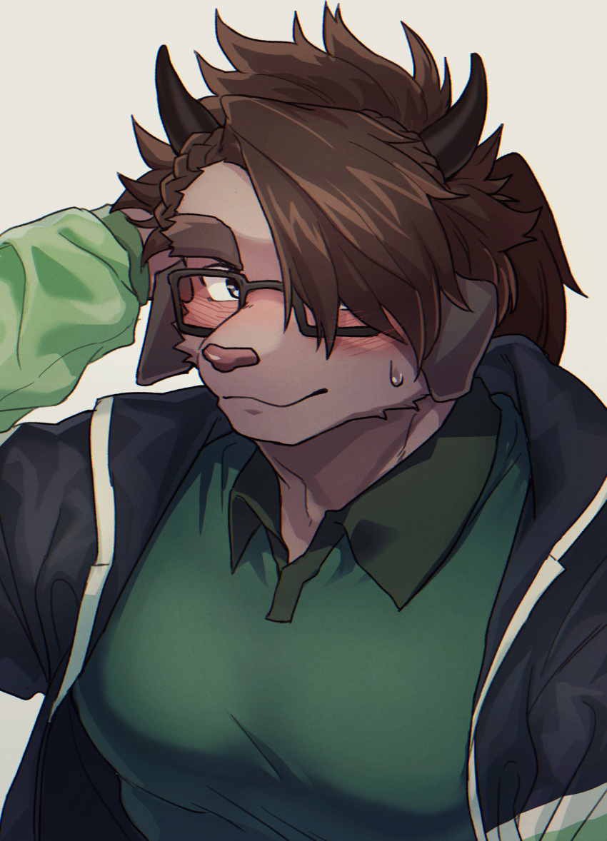 1boy absurdres animal_nose bara black-framed_eyewear black_horns blush braid brown_hair catoblepas_(housamo) crown_braid furry furry_male glasses green_jacket green_shirt hair_over_one_eye hand_up high_ponytail highres horns huge_eyebrows jacket large_pectorals long_hair long_sleeves madaato_(psgw3383) male_focus muscular muscular_male one_eye_covered pectorals ponytail protected_link shirt simple_background smile solo sweatdrop tokyo_afterschool_summoners upper_body yellow_background