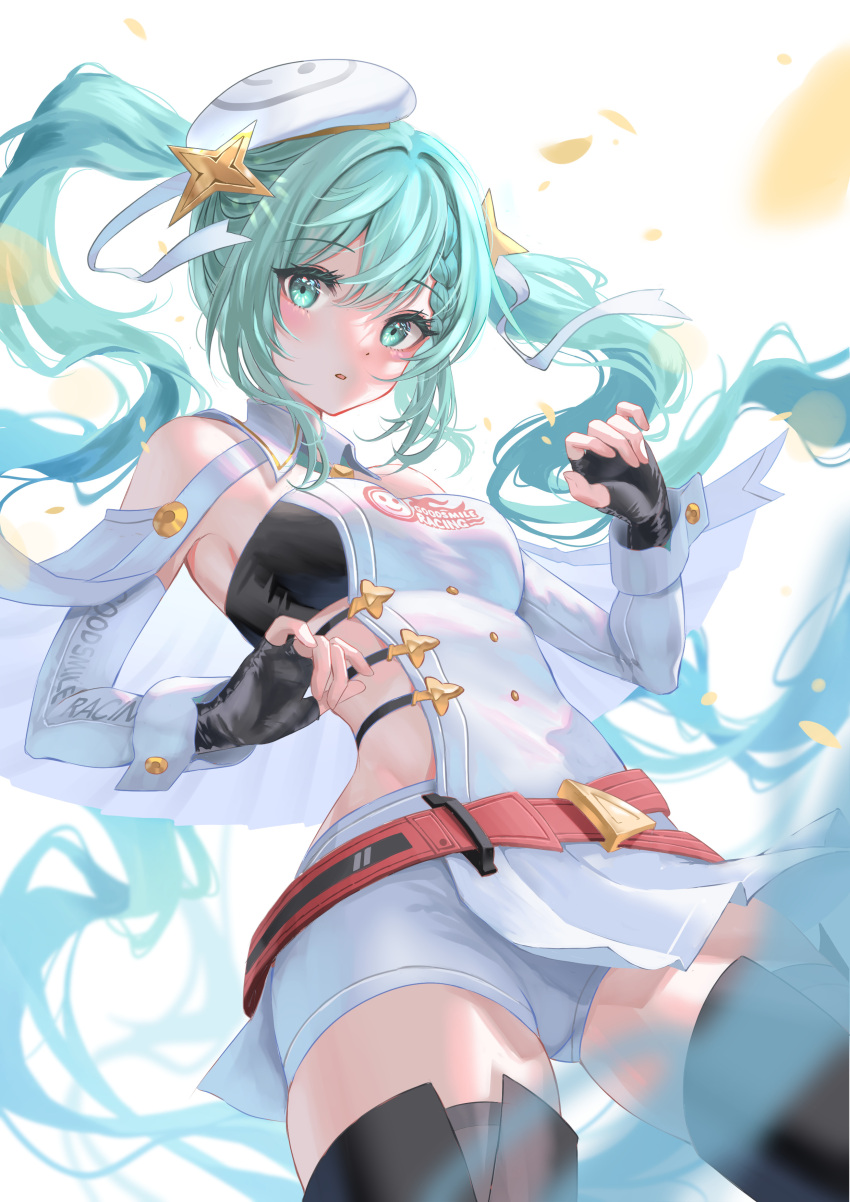 absurdres aqua_hair black_gloves blurry blurry_foreground braid breasts commentary cowboy_shot detached_sleeves female fingerless_gloves floating_hair genjitsu_pirika gloves goodsmile_racing green_eyes hair_between_eyes hair_ornament hat hatsune_miku highres long_hair long_sleeves looking_at_viewer medium_breasts racing_miku racing_miku_(2023) short_shorts shorts single_braid solo standing star_(symbol) star_hair_ornament twintails very_long_hair vocaloid white_hat white_shorts white_sleeves