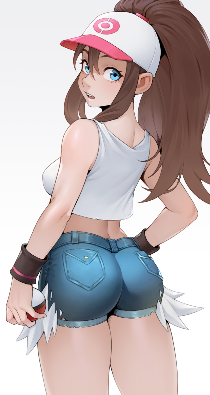 ass bare_arms bare_shoulders baseball_cap blue_eyes breasts brown_hair cheshirrr cowboy_shot denim denim_shorts female from_behind hair_between_eyes hat highres hilda_(pokemon) holding holding_poke_ball long_hair looking_back medium_breasts midriff pink_hat poke_ball poke_ball_(basic) pokemon pokemon_bw ponytail shiny_skin shorts sidelocks smile solo teeth torn_clothes torn_shorts upper_teeth_only white_hat wristband